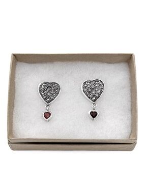 Vintage Marcasite Heart Sterling Silver Stamped 925 Pierced Dangle Drop Earrings